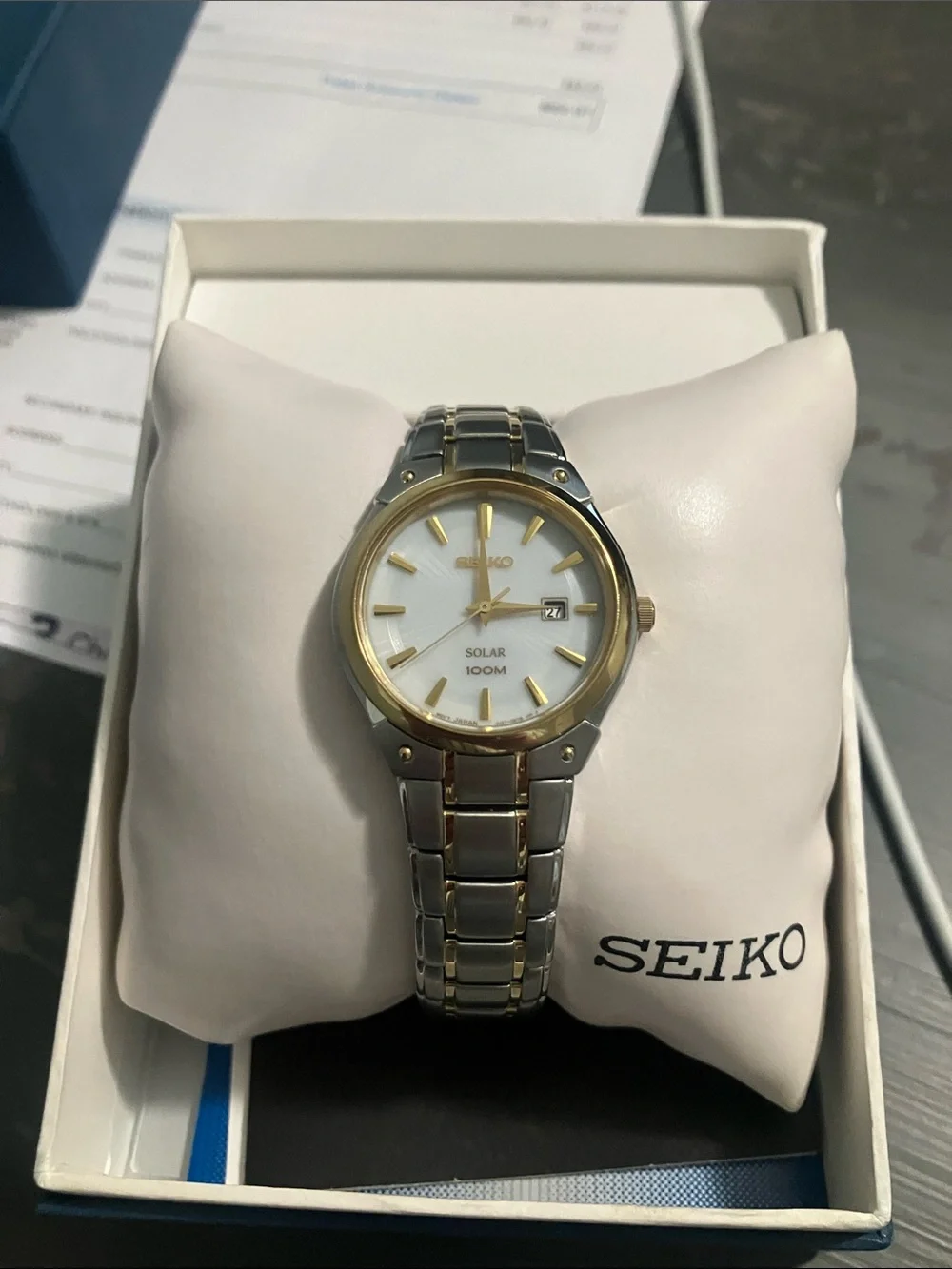 Seiko Two-Tone Silver and Gold Women’s Solar Watch with White Dial